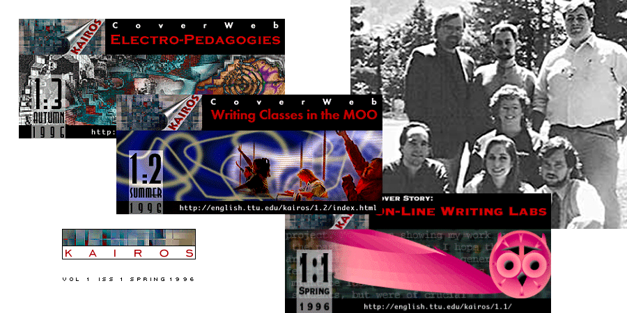 Four logos from Kairos 1.1 in multiple electric colors layered on top of a photo of 7 white staff members