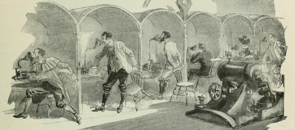 A pen and ink image envisions 19th century reporters dictating news onto wax cylinders.
