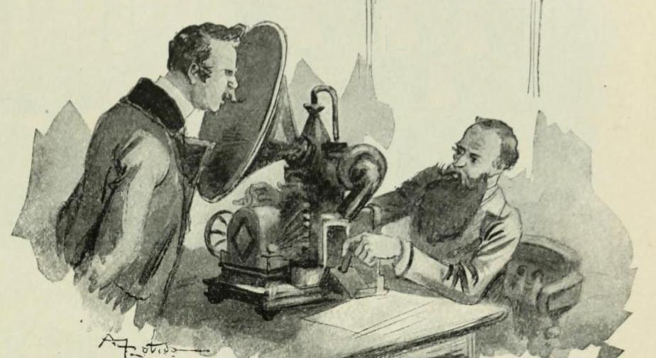 One man with an extensive mustache speaks into a large cone while another man with an enormous beard manages the device. Pen and ink, sepia tone.