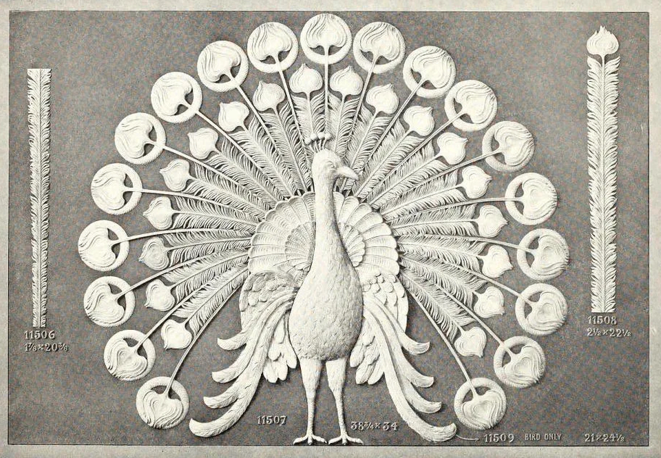 Woodcarving of a peacock with its feathers splayed out behind it.