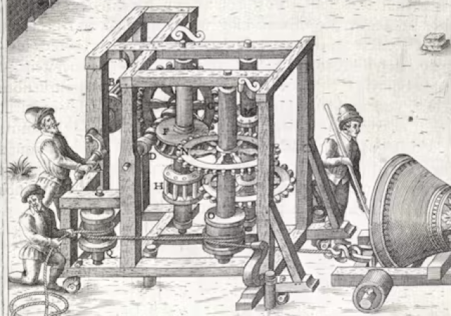 Drawing of mustachioed men in conical hats tending to an intricate machine made of large gears.