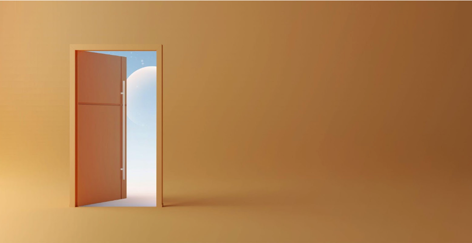 Door to another dimensions with soft blue sky on yellow orange background