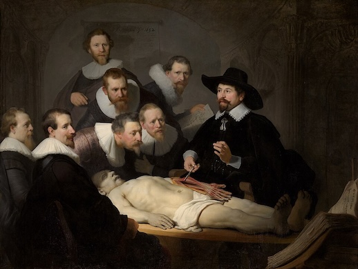 It’s a pretty dark paintin’ that’s got a bunch a’ olde-timey Dutch fellas in those big ruffled collars all huddled together while another Dutch guy jabs some kinda medical tool into the arm of a cadaver. Kinda gruesome, not gonna lie!