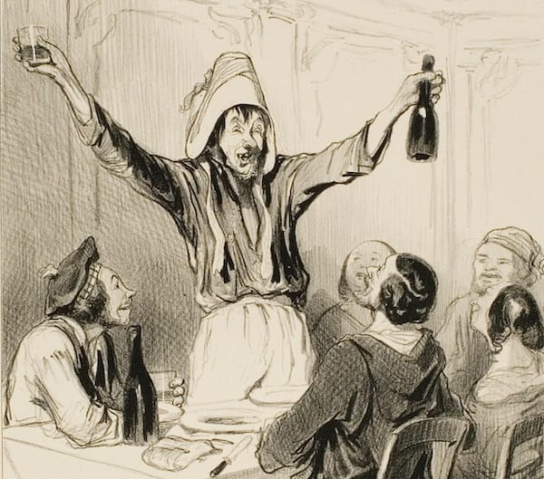 [Huzzah! It’s an old timey illustration a’ some sailor-lookin’ guys hangin’ ’round a table, an’ one a’ them’s standin’ up with his arms raised high holdin’ a bottle a’ some kinda tipple in his left hand an’ a glass a’ it in his right.