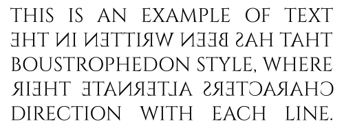 It’s an example written in boustrophedon style that says “THIS IS AN EXAMPLE OF TEXT THAT HAS BEEN WRITTEN IN THE BOUSTROPHEDON STYLE, WHERE CHARACTERS ALTERNATE THEIR DIRECTION WITH EACH LINE.”