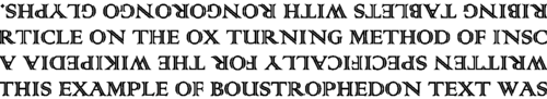It’s an example written in reverse boustrophedon style that says “THIS EXAMPLE OF BOUSTROPHEDON TEXT WAS WRITTEN SPECIALLY FOR THE WIKIPEDIA ARTICLE ON THE OX TURNING METHOD OF INSCRIBING TABLETS WITH RONGORONGO GLYPHS.”