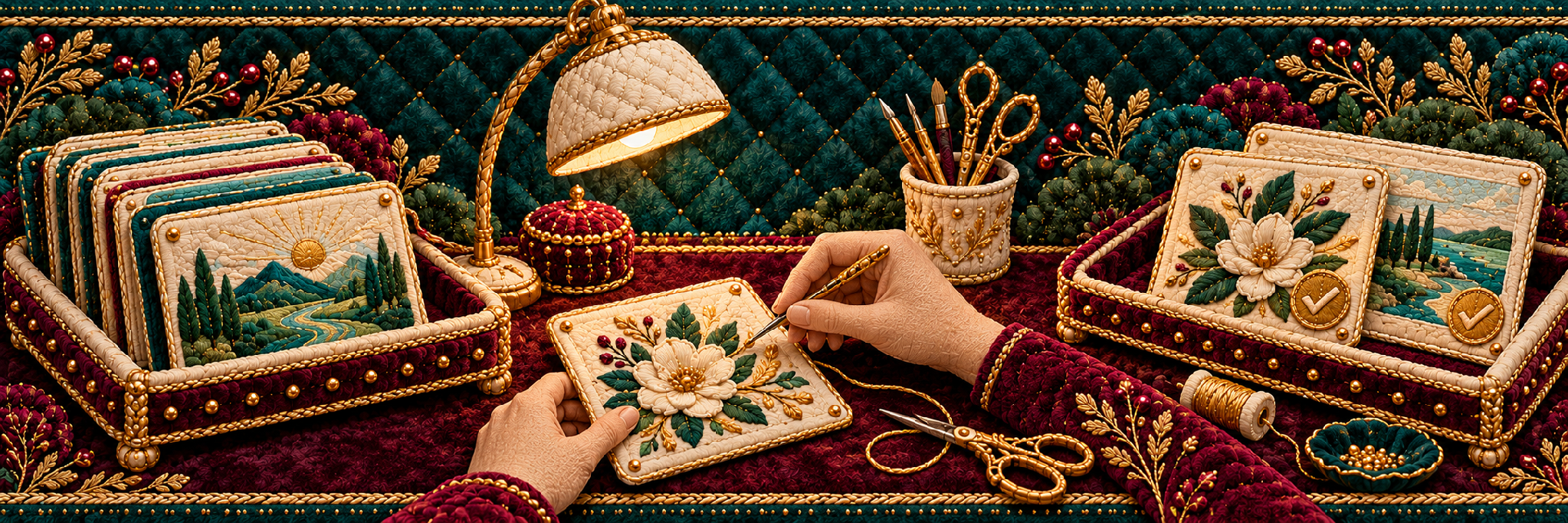 Hands review and refine embroidered creative pieces between incoming and approved trays.