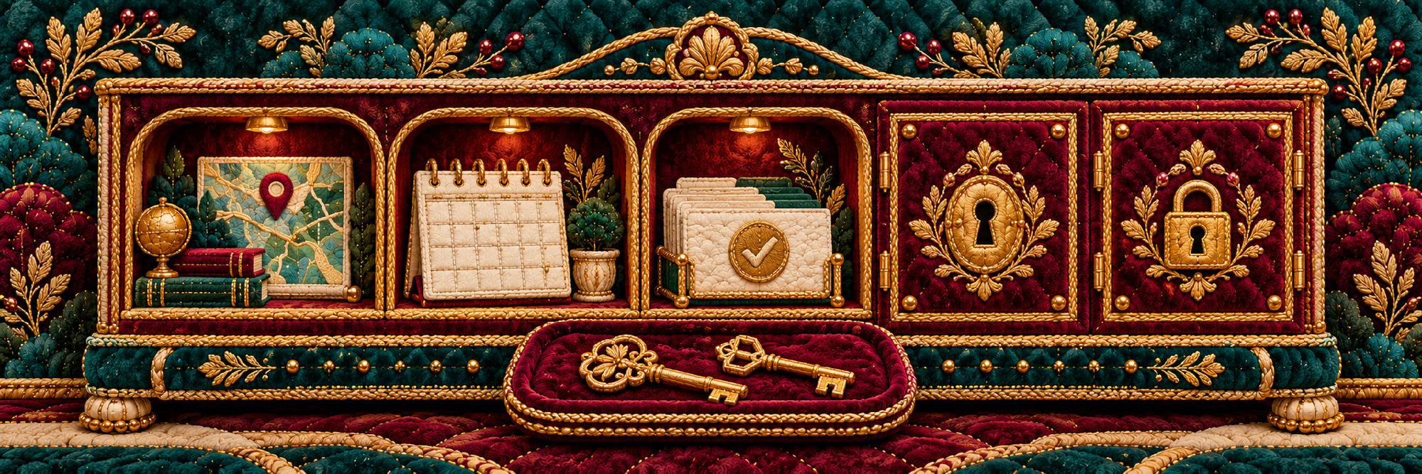 Open information shelves sit alongside locked compartments in an embroidered cabinet.