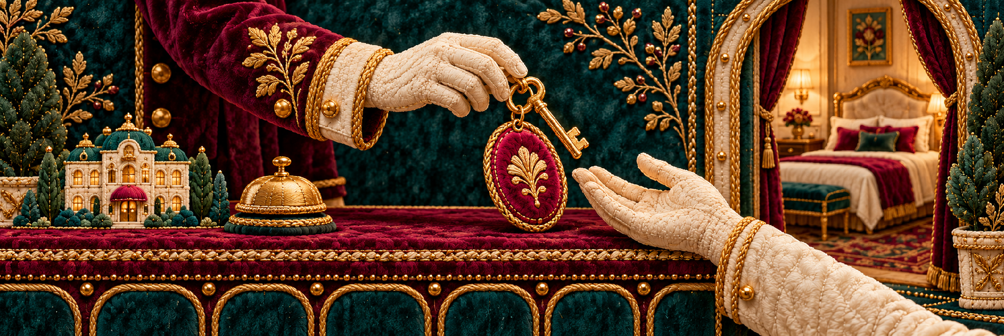 An embroidered concierge hands a room key to a guest.