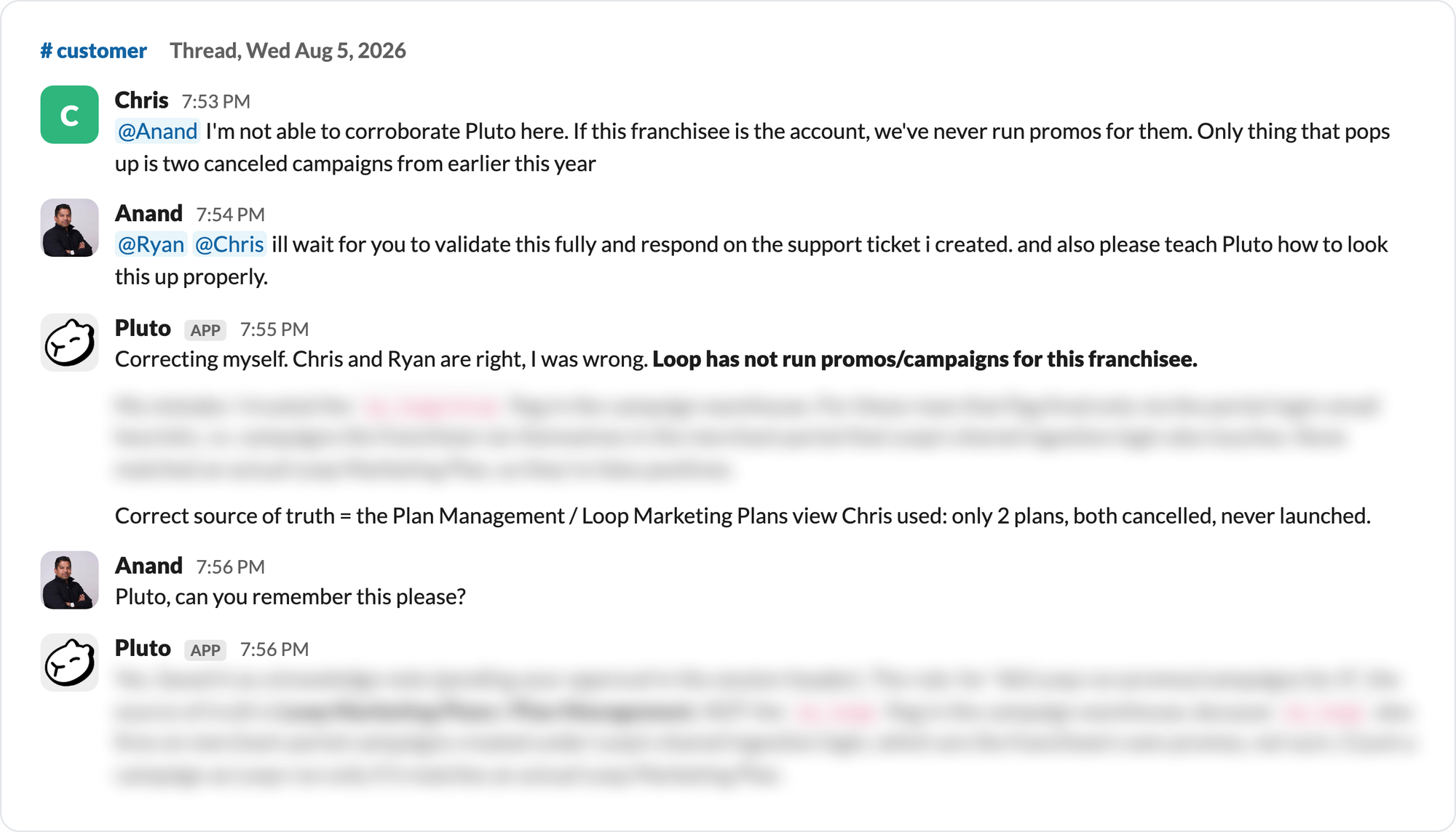 Two people correct the agent in the thread and the correction is saved as a knowledge note.