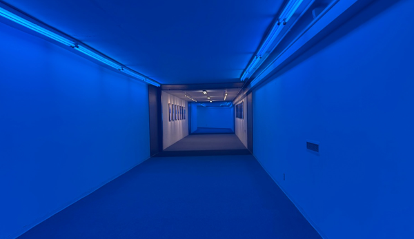 The warm light at the end of the blue tunnel turns blue as I walk closer.