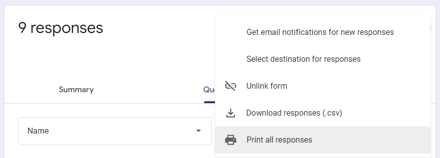 Print all Form Responses in Google Forms