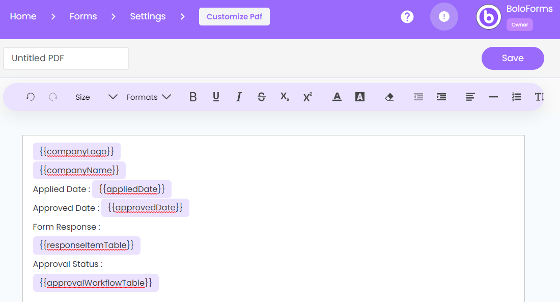 PDF customization feature in BoloForms