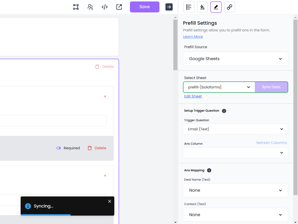 boloforms prefill feature google sheet selection