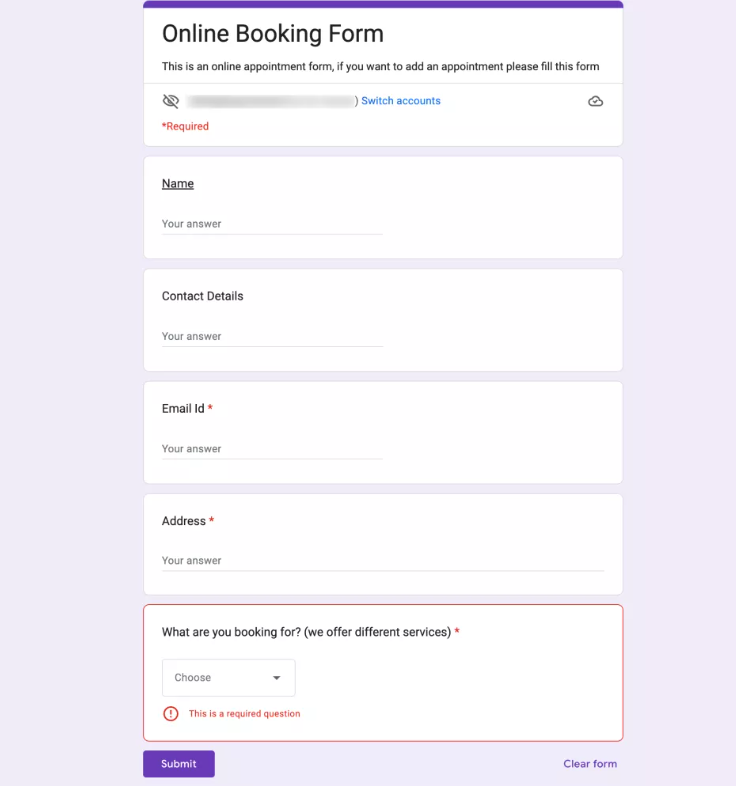 Online booking/appointment form in google forms