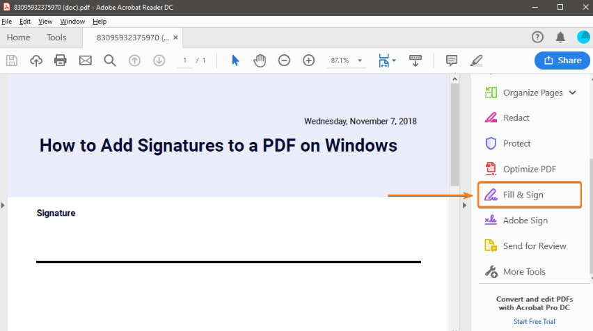 Fill and sign feature in adobe acrobat reader DC