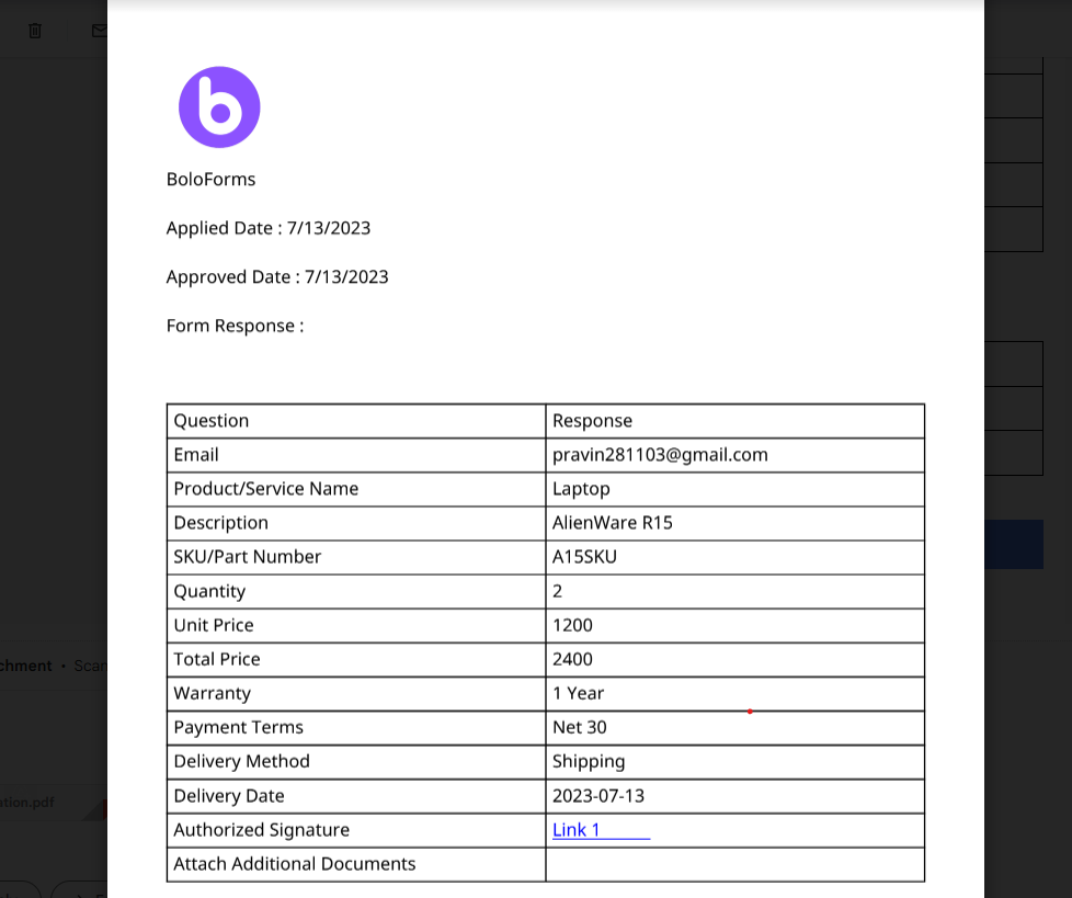 BoloForms PDF Feature for quotation