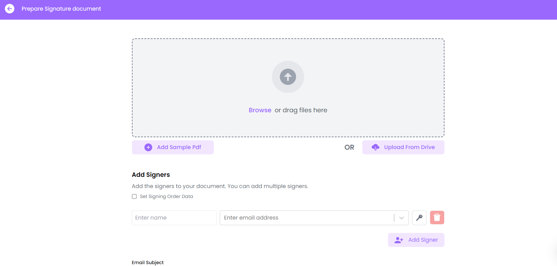 BoloForms Signature interface showing options to upload files, add signers with names and email addresses, and set signing order.