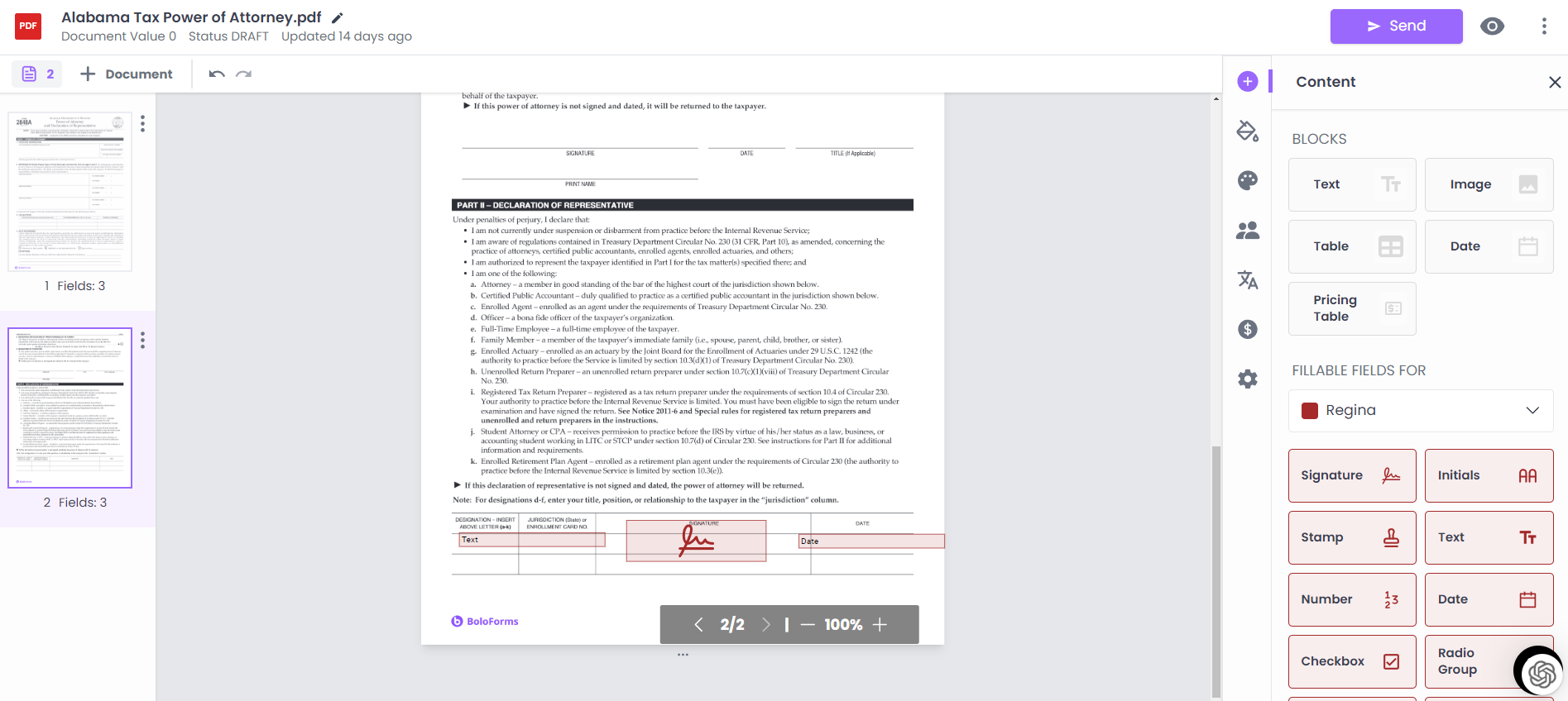 BoloForms Signature interface displaying a PDF document with options to add text, images, tables etc