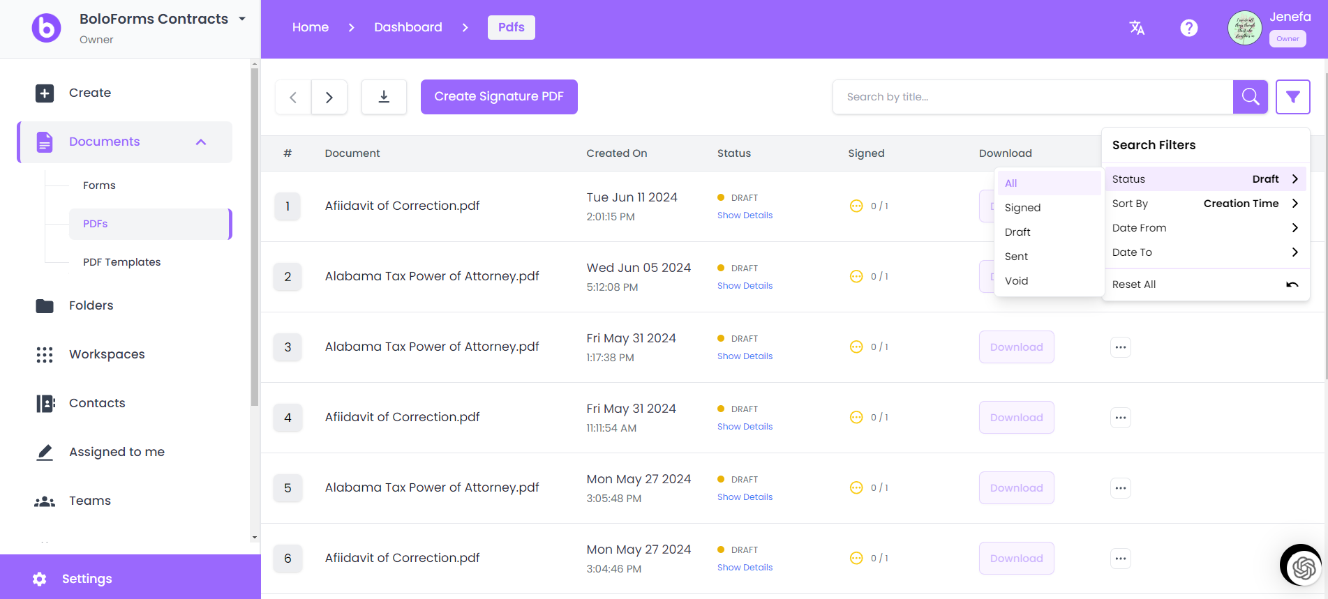  BoloForms Contracts dashboard showing a list of PDF documents with options to filter by status, sort by creation time etc