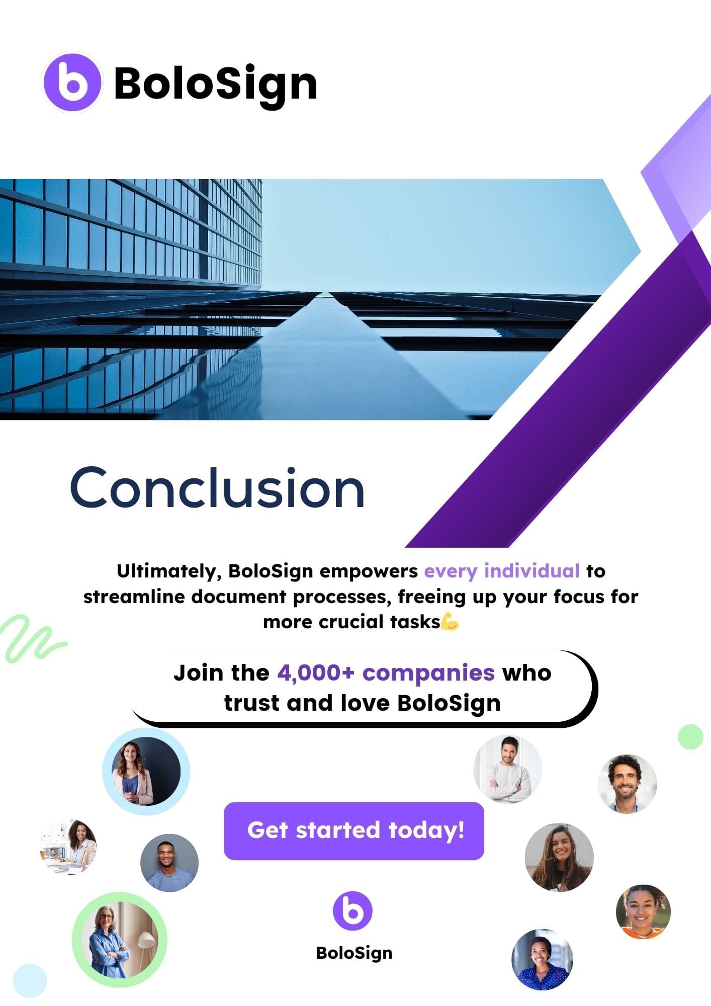 Conclusion page of BoloSign Business Proposal encouraging individuals to streamline document processes, join 4,000+ companies, and get started today.