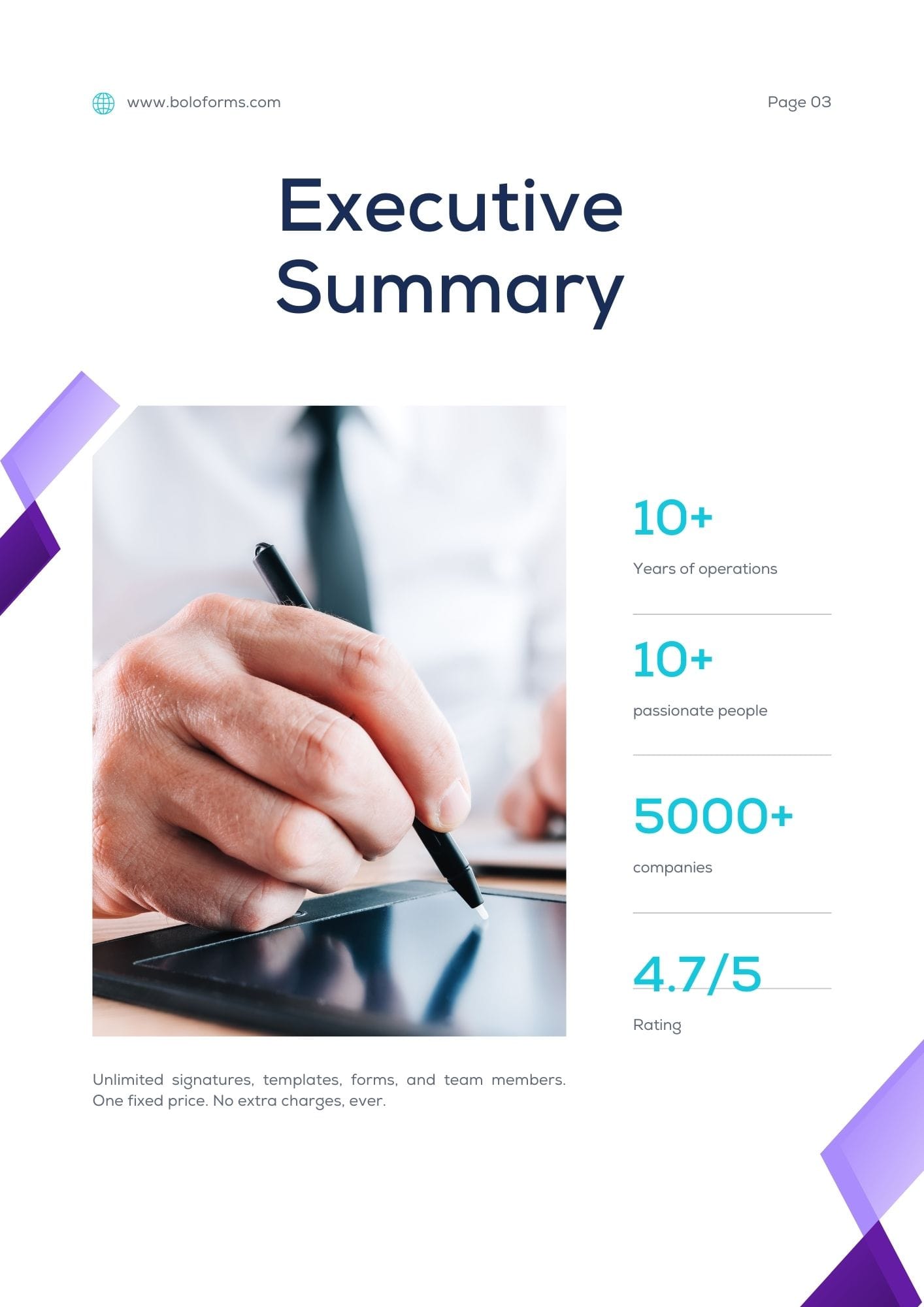 Executive Summary page of BoloSign Business Proposal highlighting 10+ years in operation, 5000+ companies, 4.7/5 rating.