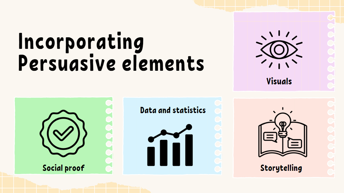 Slide showing persuasive elements: visuals, social proof, data and statistics, and storytelling."