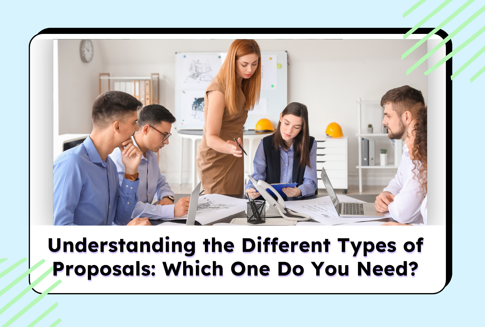 A diverse team discussing various types of proposals in a modern office setting.