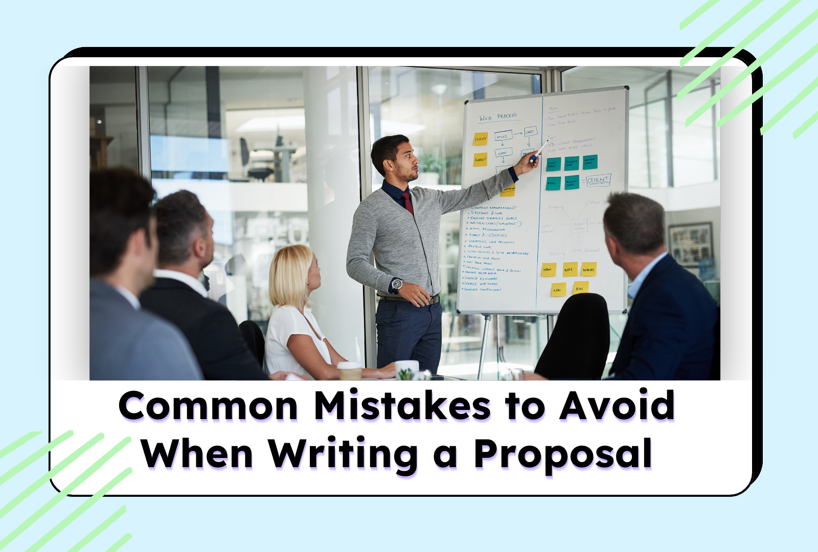 Business meeting where a man presents a proposal on a whiteboard, discussing Common Mistakes to Avoid When Writing a Proposal