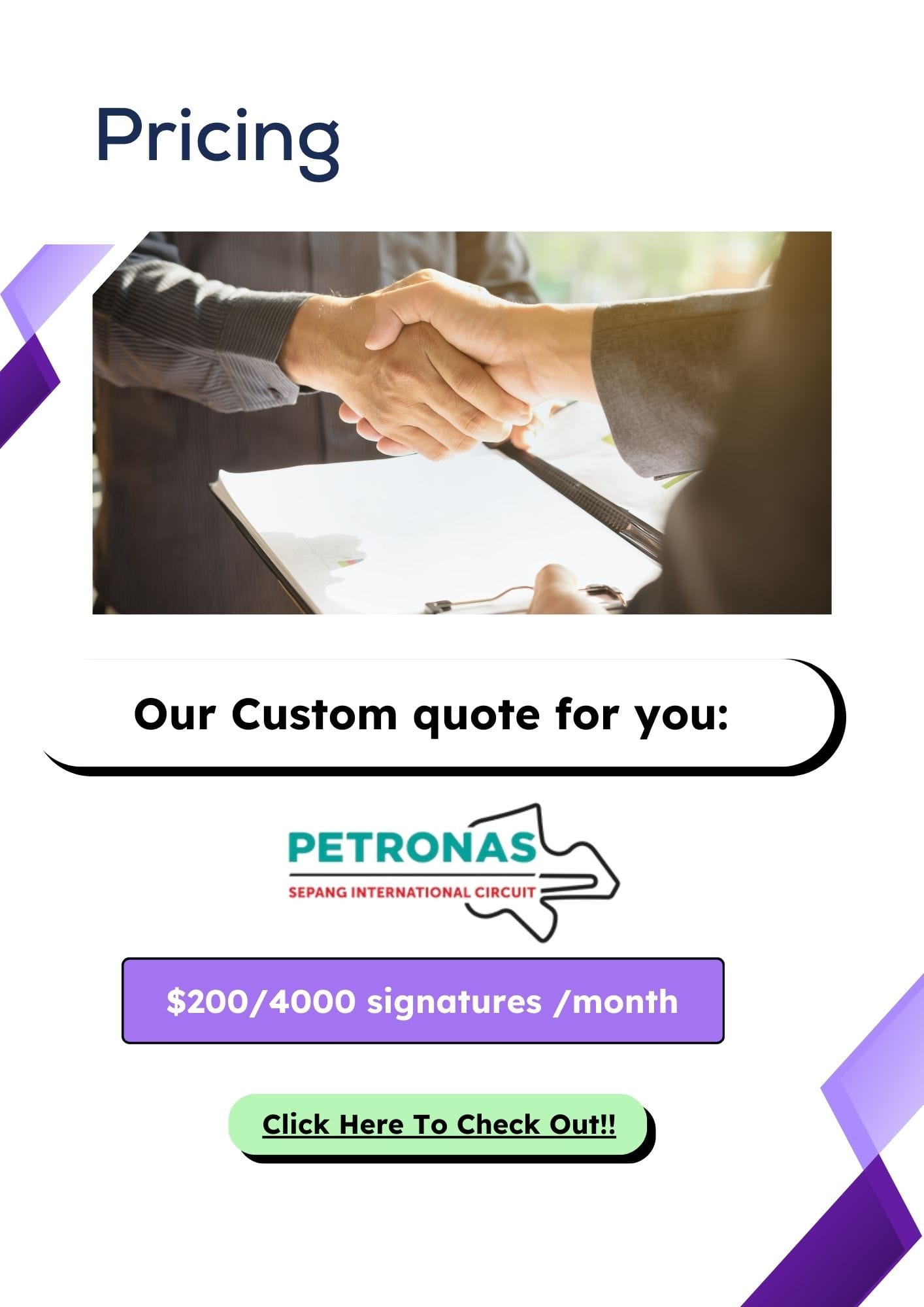 Pricing page of BoloSign Business Proposal showing a custom quote for Petronas at $200/4000 signatures per month.