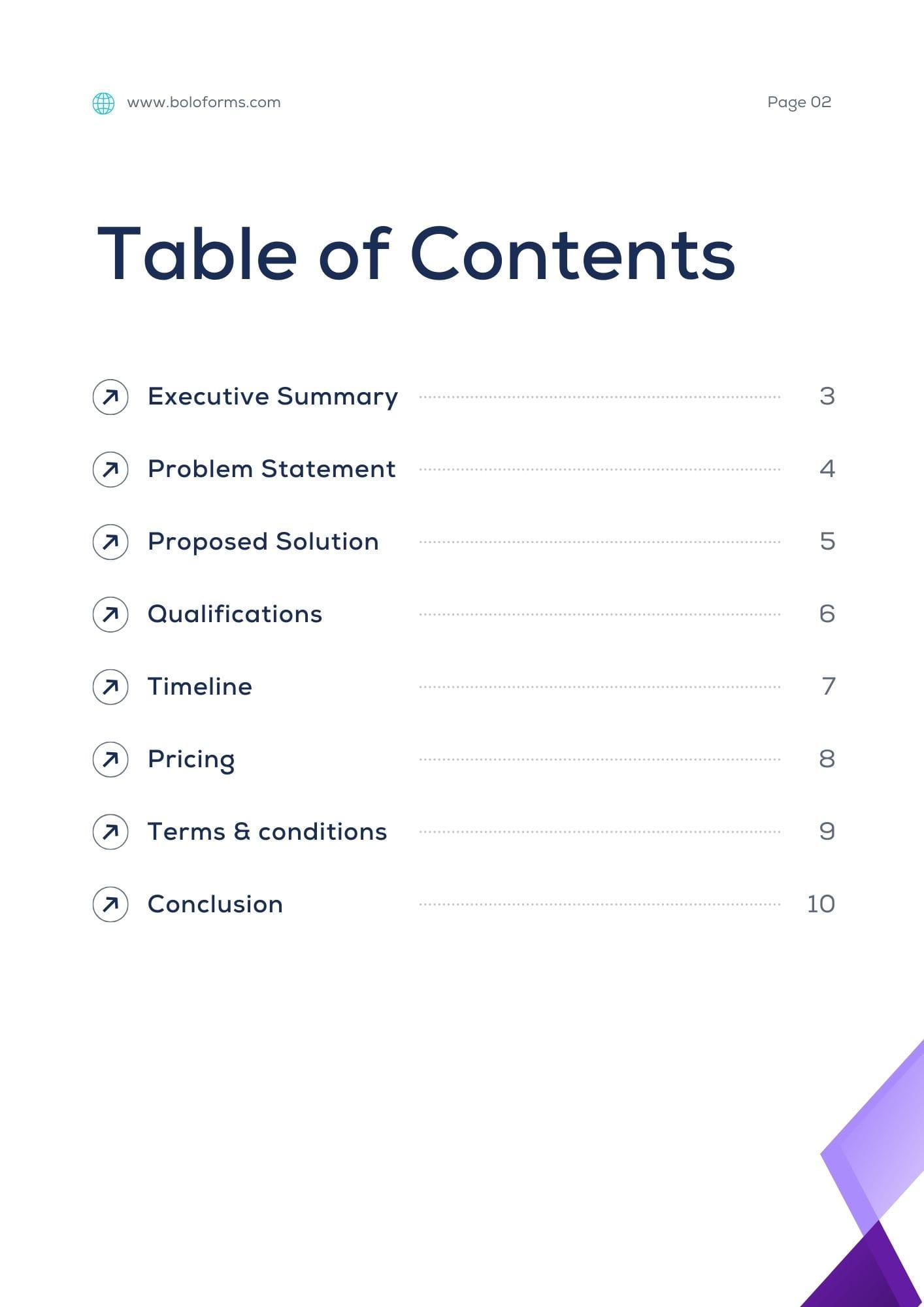 Table of Contents for BoloSign Business Proposal.