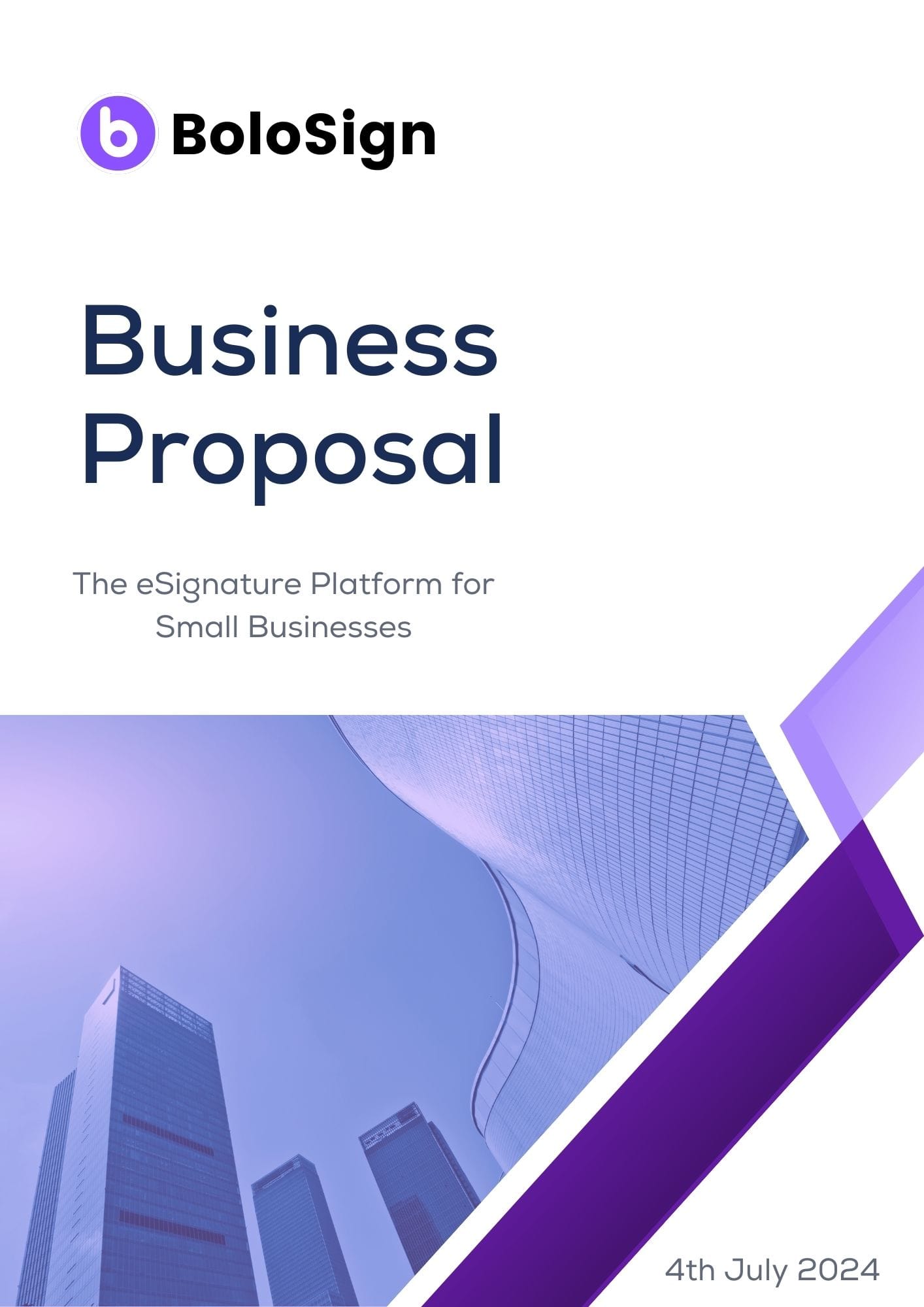 Cover of BoloSign Business Proposal, 'The eSignature Platform for Small Businesses,' dated 4th July 2024.