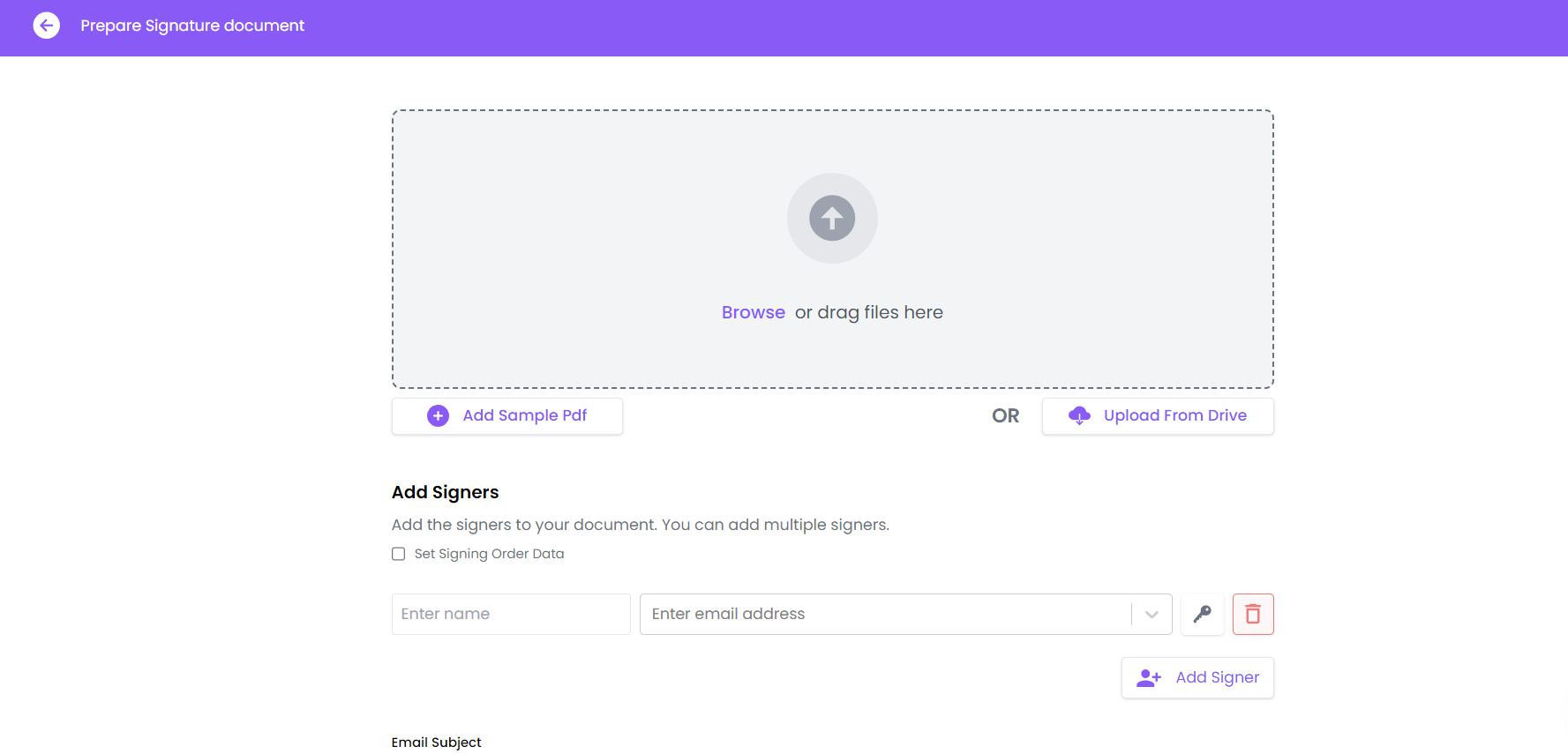 Screenshot of the "Prepare Signature Document" interface showing options to upload a PDF, add signers, and set signing order.