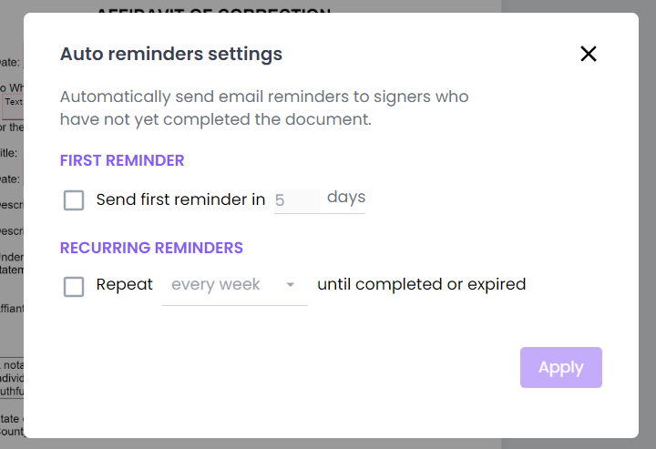 Screenshot of Auto reminders settings for sending email reminders to document signers