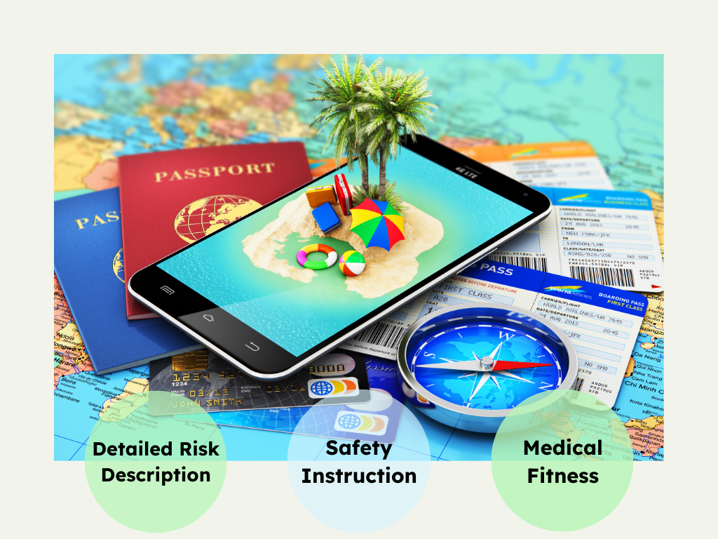 Travel essentials including passport, smartphone, and compass, emphasizing Detailed Risk Description, Safety Instruction, Medical Fitness