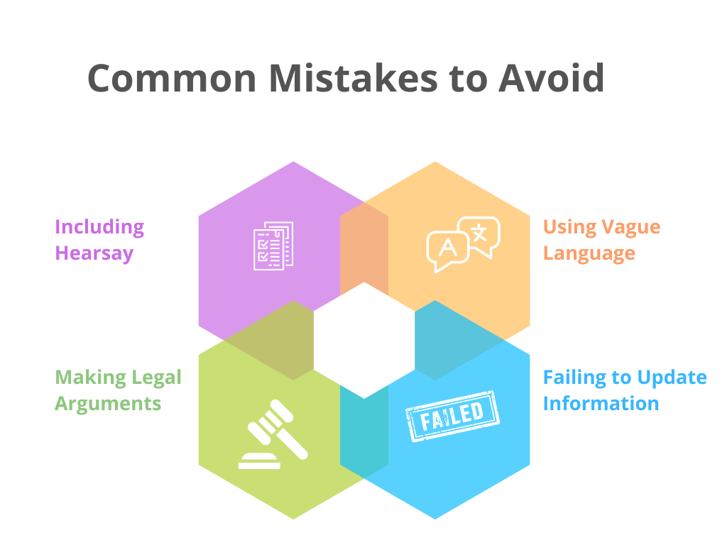 Illustration of common mistakes in affidavit writing, like hearsay, vague language, and failing to update information