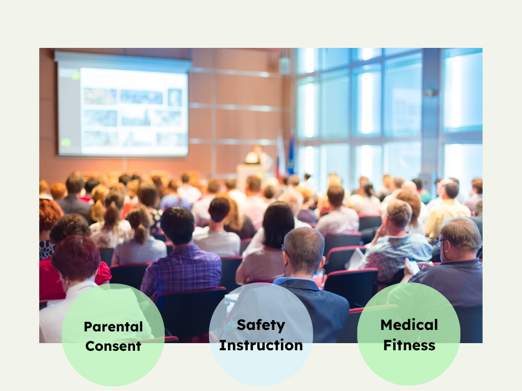 Audience attending a presentation, focusing on Parental Consent, Safety Instruction, and Medical Fitness requirements.