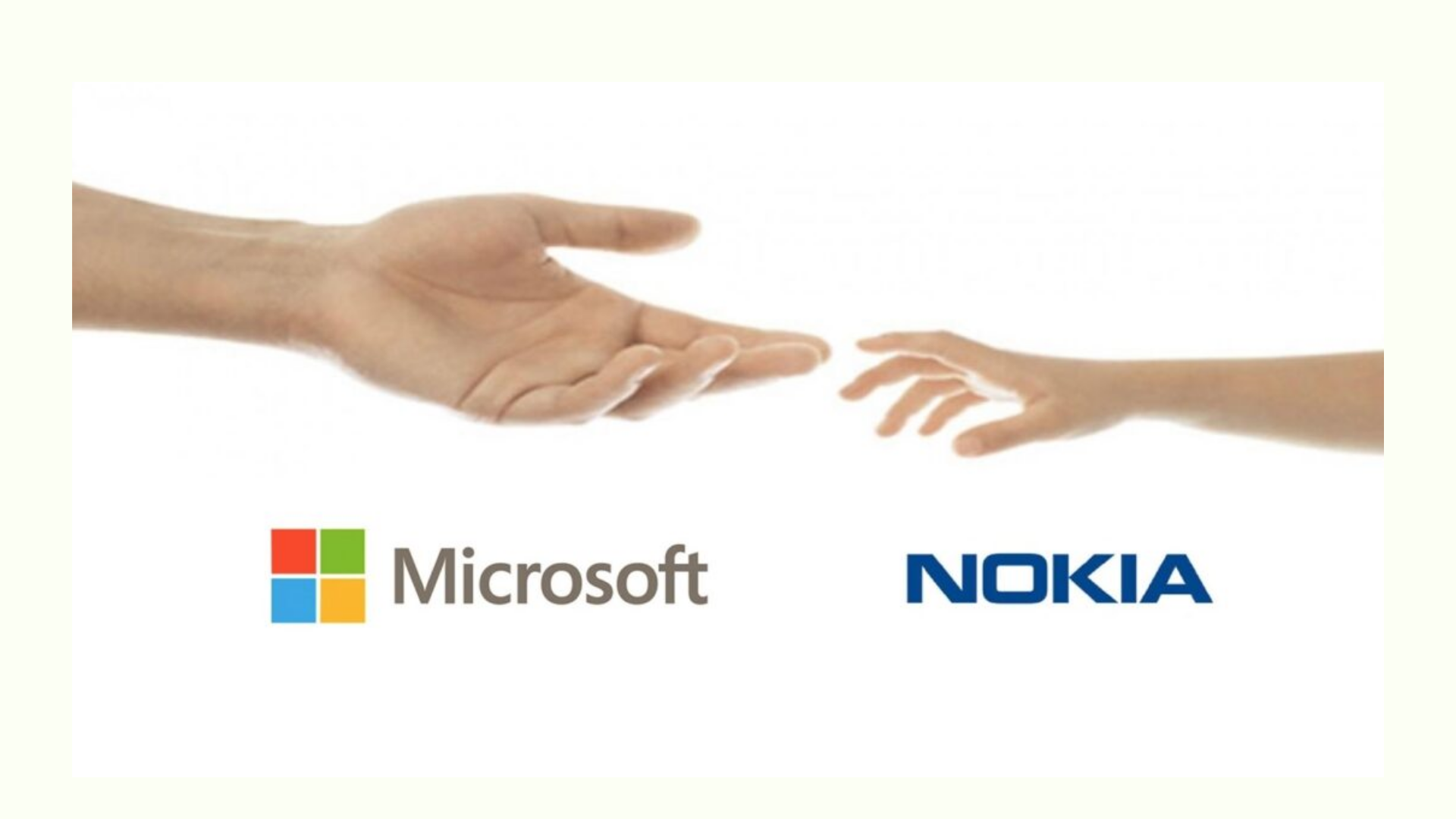 Two hands reaching toward each other, with Microsoft and Nokia logos below, symbolizing a partnership or collaboration.