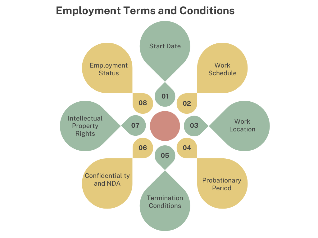 Infographic titled 'Employment Terms and Conditions' with key elements like start date, work schedule, location, and status.