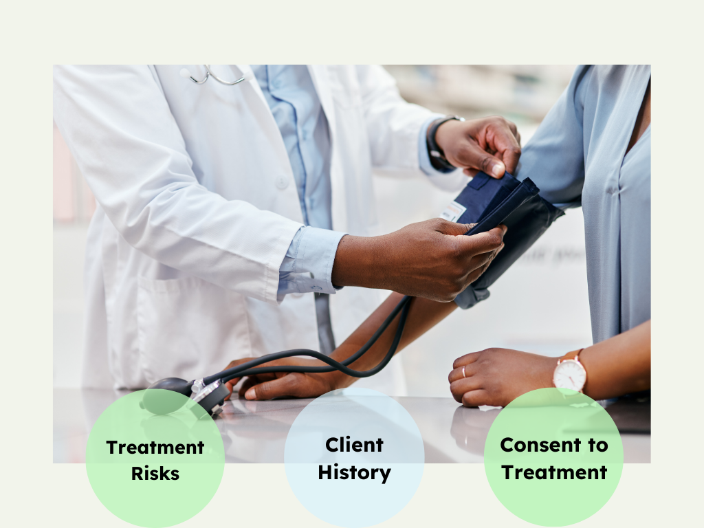 Doctor checking a patient's blood pressure, emphasizing Treatment Risks, Client History, and Consent to Treatment.