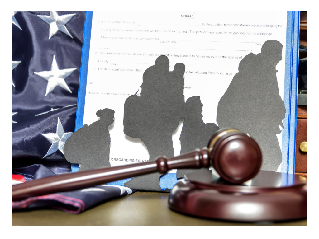Silhouette figures, a judge's gavel, and a legal document with the U.S. flag, representing legal proceedings