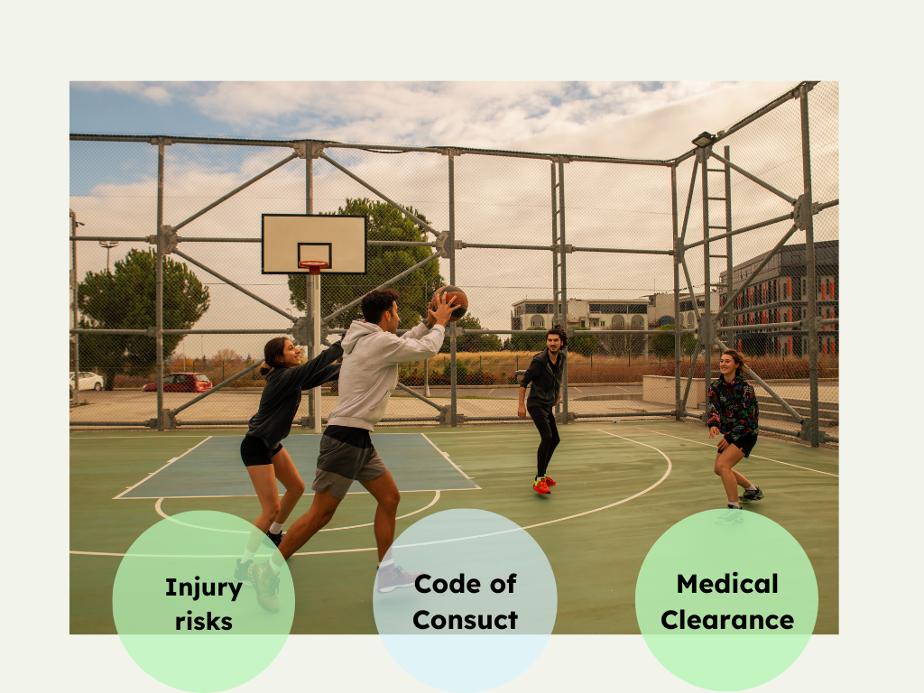 Four people playing basketball outdoors, highlighting Injury Risks, Code of Conduct, and Medical Clearance considerations.
