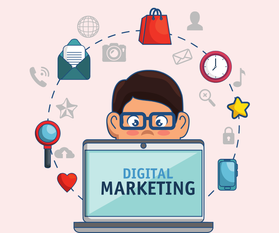 Illustration of a person working on digital marketing with icons representing various digital tools and strategies around them