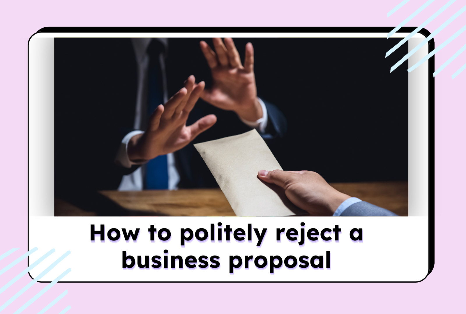 A person in a business suit politely declining a document with a hand gesture, illustrating rejection 