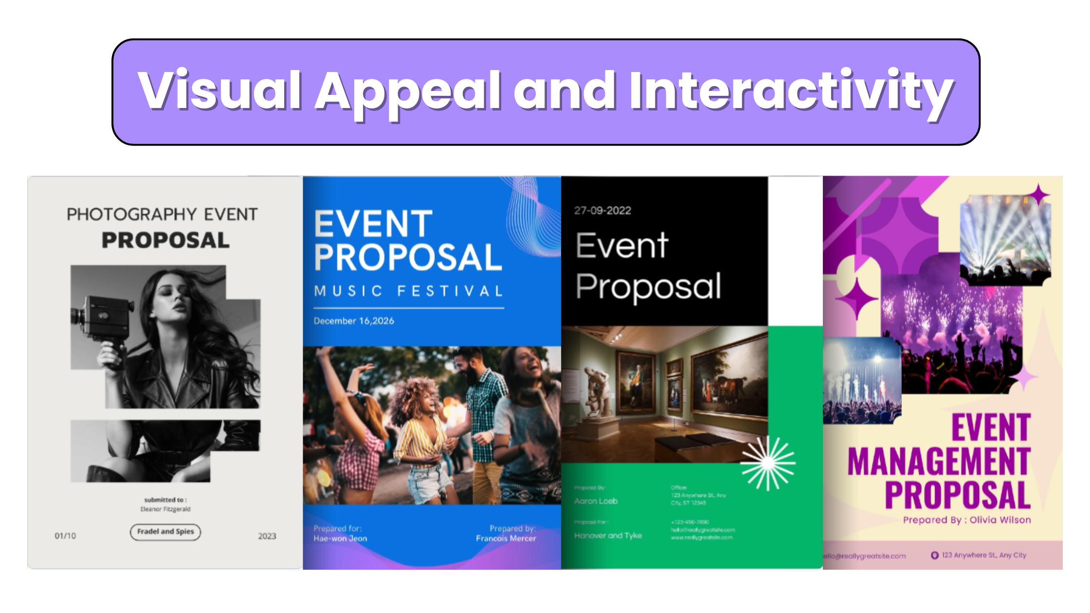 Examples of visually appealing event proposals showcasing design variety and interactivity.