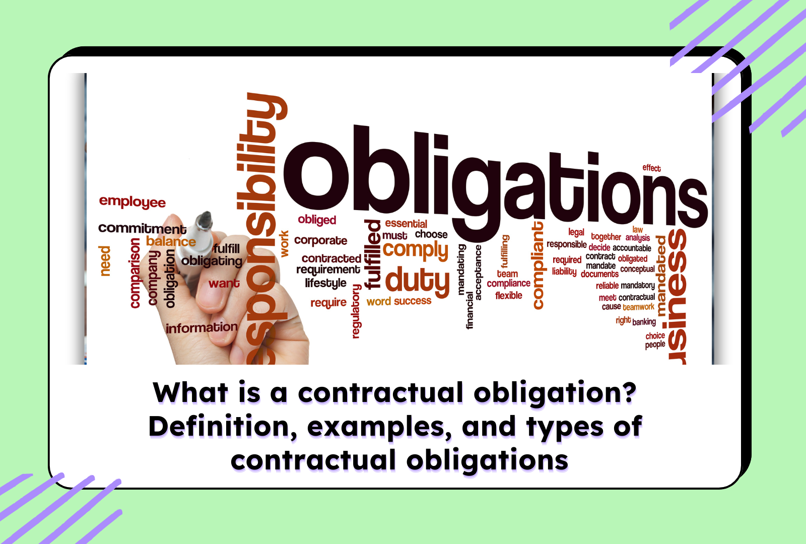 Word cloud with terms related to contractual obligations like responsibility, compliance, and duty