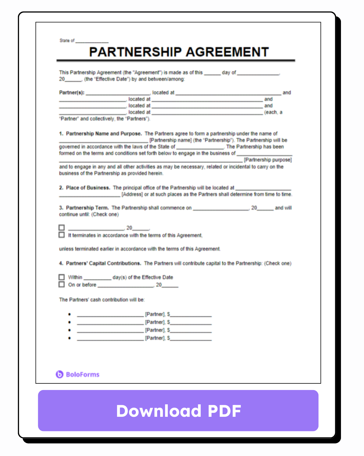 Partnership Agreement template details the terms when two or more people share ownership in a business.