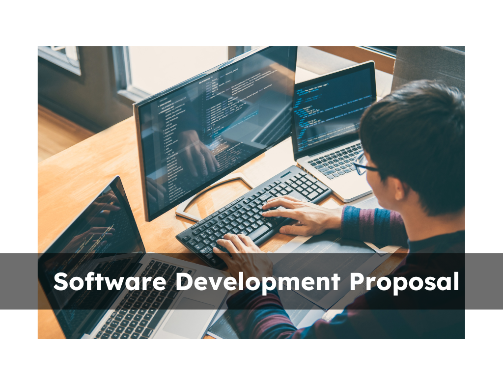 Developer coding on multiple monitors and a laptop at a desk, titled 'Software Development Proposal.
