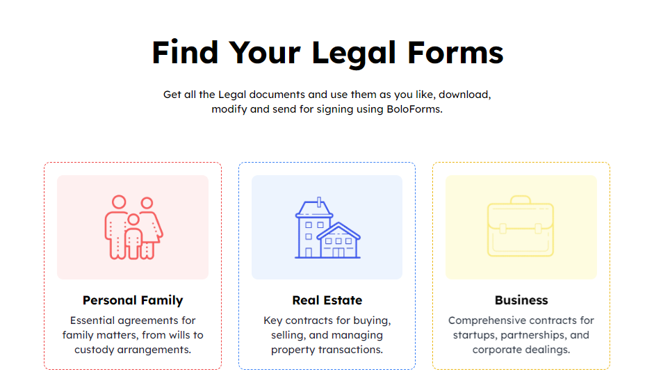 Web interface showing categories for legal forms: Personal Family, Real Estate, and Business