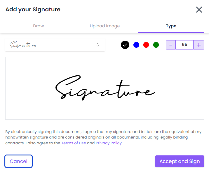 User interface for adding an electronic signature, with options to draw, upload, or type the signature